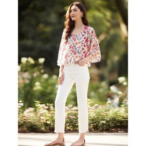 Flying Tomato Floral Ruffle Blouse Sz S Boho Bell Sleeve Pink Blue Sheer